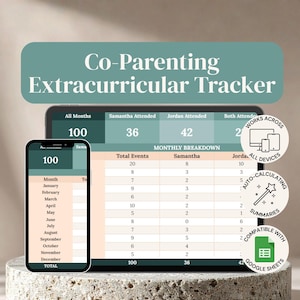 May include: A digital Co-Parenting Extracurricular Tracker displayed on a tablet and smartphone screen. The interface features a monthly breakdown table with columns for total events, Samantha, and Jordan, plus three circular badges highlighting device compatibility, auto-calculating summaries, and Google Sheets integration.
