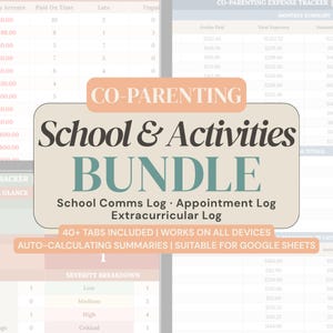Könnte beinhalten: Eine digitale Tabellenvorlage für Co-Parenting, Schule und Aktivitäten. Das zentrale beige Etikett enthält den Text: CO-PARENTING School & Activities BUNDLE, School Comms Log, Appointment Log, Extracurricular Log, 40+ TABS INCLUDED.