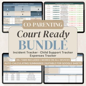 Pode incluir: Um pacote digital de coparentalidade pronto para o tribunal, incluindo rastreador de incidentes, rastreador de pensão alimentícia e rastreador de despesas. A interface exibe tabelas e registros com o texto CO-PARENTING Court Ready BUNDLE, 35+ TABS INCLUDED e WORKS ON ALL DEVICES, projetado para tablets.