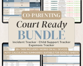 May include: A digital co-parenting court ready bundle featuring an incident tracker, child support tracker, and expenses tracker. The interface displays tables, metrics, and logs with text including CO-PARENTING Court Ready BUNDLE, 35+ TABS INCLUDED, and WORKS ON ALL DEVICES, designed for use on tablets.