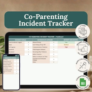 Peut inclure: Un tableau de bord numérique de suivi des incidents de coparentalité affiché sur un écran d'ordinateur portable et de smartphone. L'interface comprend des tableaux pour les totaux, les catégories et les niveaux de gravité. Quatre icônes circulaires mettent en évidence la compatibilité des appareils, les résumés automatiques et l'intégration Google Sheets.