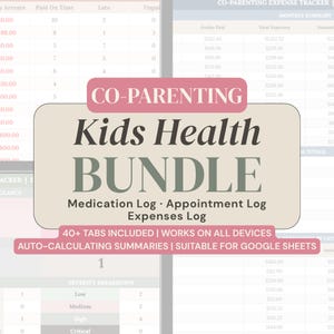 Könnte beinhalten: Eine digitale Co-Parenting Kids Health Bundle Tabellenvorlage mit Medikamentenprotokoll, Terminprotokoll und Ausgabenprotokoll. Das Layout bietet über 40 Registerkarten, automatisch berechnete Zusammenfassungen und Google Sheets.