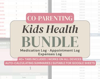 Paquete de seguimiento de la salud infantil Registro de dosis de medicamentos Registro de citas médicas de los niños Seguimiento de costos médicos Hoja de cálculo de Google Planificador de bienestar para la crianza compartida