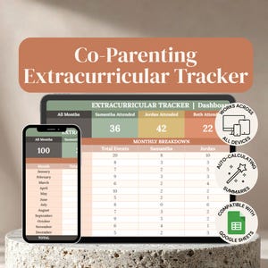 May include: A digital co-parenting extracurricular tracker displayed on a tablet and smartphone. The interface features a monthly breakdown table with columns for total events, Samantha, and Jordan, plus summary statistics and feature badges.