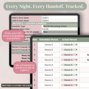 May include: A digital monthly custody tracker displayed on two screens. The interface features tables for custody schedules, rotation start dates, and parent tracking. Text includes Every Night. Every Handoff. Tracked., Section 3 - Custody Schedule, and Monthly Custody Tracker.