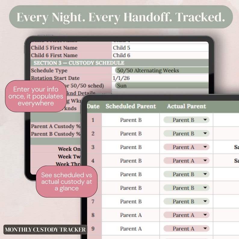 May include: A digital monthly custody tracker displayed on two screens. The interface features tables for custody schedules, rotation start dates, and parent tracking. Text includes Every Night. Every Handoff. Tracked., Section 3 - Custody Schedule, and Monthly Custody Tracker.