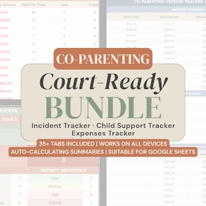 Op de afbeelding: Een digitaal spreadsheet-sjabloon voor co-ouderschap, klaar voor de rechtbank, met een incidenten-tracker, kinderalimentatie-tracker en onkosten-tracker. Bevat 35+ tabbladen en automatisch berekenende overzichten voor Google Sheets.
