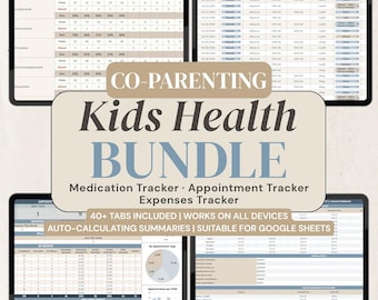Paquete de salud infantil Registro de medicamentos Rastreador de citas Rastreador de gastos médicos Hoja de cálculo de Google Rastreador de salud para padres separados