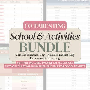 Könnte beinhalten: Eine digitale Tabellenvorlage für die Schul- und Aktivitätenplanung bei Co-Parenting. Der Text lautet CO-PARENTING School & Activities BUNDLE, School Comms Log, Appointment Log, Extracurricular Log, 40+ TABS INCLUDED, WORKS ON ALL DEVICES, AUTO-CALCULATING SUMMARIES, SUITABLE FOR GOOGLE SHEETS.
