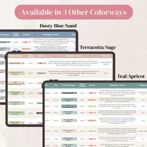 May include: A digital incident log template featuring three color variations: Dusty Blue/Sand, Terracotta/Sage, and Teal/Apricot. The table includes columns for Date, Time, Incident Category, People Involved, Severity, Description/Notes, and Witnesses.