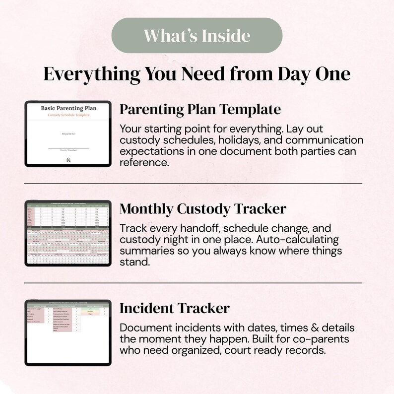 May include: A digital document set titled What's Inside Everything You Need from Day One. It features a Parenting Plan Template, a Monthly Custody Tracker with auto-calculating summaries, and an Incident Tracker for documenting dates, times, and details.
