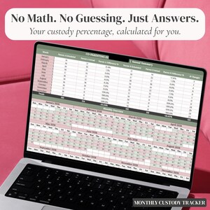 May include: A laptop screen displaying a digital co-parenting custody tracker spreadsheet with monthly and annual summary tables. The text at the top reads: No Math. No Guessing. Just Answers. Your custody percentage, calculated for you.
