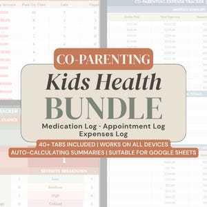 Könnte beinhalten: Eine digitale Tabellenvorlage für die Gesundheitsverwaltung von Kindern bei Co-Parenting, inklusive Medikamenten-, Termin- und Ausgabenprotokoll. Das System bietet über 40 Reiter, automatische Berechnungen und Google Sheets Kompatibilität.