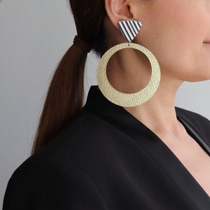 Extra Large geometric dangle hoop stud earrings Statement earrings African earrings Leather earrings Hypoallergenic image 3