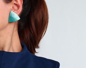 Blue Green Metallic Leather Triangle Stud Earrings | Minimalist Turquoise Aqua Earrings | Hypoallergenic Surgical Steel Post