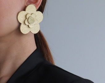 Large gold flower leather stud earrings | Statement earrings | Sustainable jewelry | Gift for her | Hypoallergenic