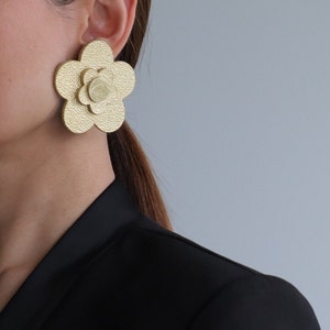 Large gold flower leather stud earrings Statement earrings Sustainable jewelry Gift for her Hypoallergenic image 2