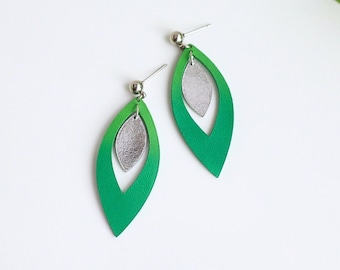 Green Silver leather leaf earrings | Tropical earrings | Boho Statement earrings | Beach wedding jewelry | Hypoallergenic