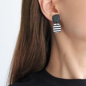 Abstract stripe black and white leather earrings Dangle square earrings Funky earrings Hypoallergenic image 4