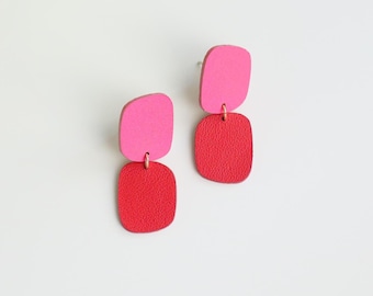 Red Hot Pink Abstract Leather Earrings | Mid-Century style Stud Dangles | Surgical Steel Post