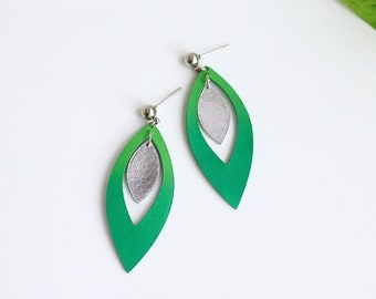 Green Silver leather leaf earrings | Tropical earrings | Boho Statement earrings | Beach wedding jewelry | Hypoallergenic