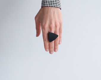 Large black triangle leather ring | Black statement ring | Geometric ring | Adjustable hypoallergenic band