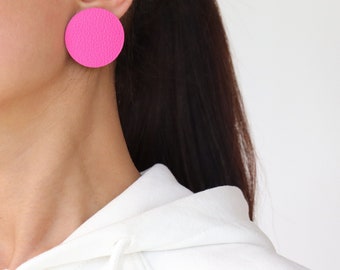 Neon Hot Pink large circle leather stud earrings | Minimal geometric earrings | Genuine leather | Hypoallergenic