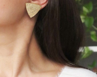 Gold triangle leather stud earrings | Geometric earrings | Minimalist Statement earrings | Hypoallergenic