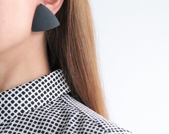 Large black triangle leather stud earrings | Big black earrings | Geometric earrings | Hypoallergenic