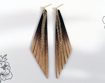 Long ombré black and gold leather triangle earrings | Gradient drop earrings | Boho geometric earrings | Surgical steel post | Gift for her