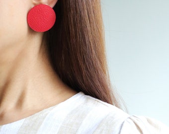 Red leather large disc stud earrings | Big red circle studs | Minimal statement earrings | Hypoallergenic