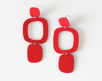 Large Red Leather Statement Earrings | Mid-Century Modern Style | Hypoallergenic Stainless Steel Post