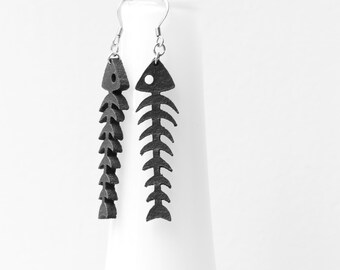 Black Leather Fishbone Earrings | Long Spooky Earrings | Halloween jewelry | Hypoallergenic
