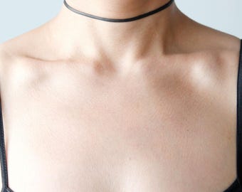 Skinny Black Leather Choker | Minimalist Choker | Adjustable Made to Size | Stainless Steel Clasp