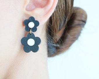 Black and white flower dangle earrings | Daisy drops | Repurposed veg tan leather | Minimal statement earrings | Stainless steel studs