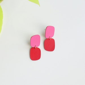Red Hot Pink abstract leather earrings | Dangle earrings | Mid-Century style | Minimalist earrings | Hypoallergenic