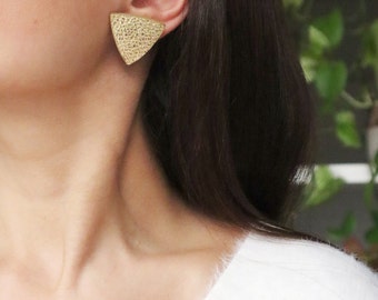 Gold triangle leather stud earrings | Minimal Geometric earrings | Hypoallergenic
