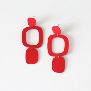 Red Leather Statement Earrings | Mid-Century Modern Style | Hypoallergenic Stainless Steel Post