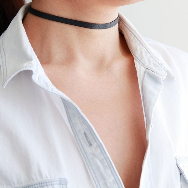 Black thin genuine leather choker necklace | Basic everyday choker | Made to size | Stainless steel clasp