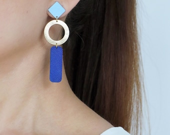 Long blue geometric hoop drop earrings | Blue statement earrings | Hypoallergenic