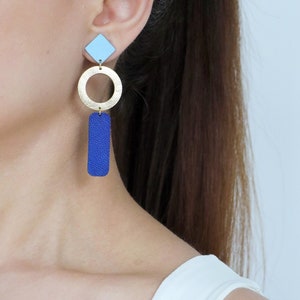 Long blue geometric hoop drop earrings | Blue statement earrings | Hypoallergenic