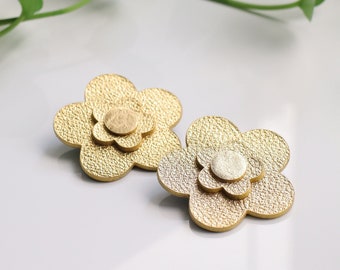 Large gold flower leather stud earrings | Statement earrings | Sustainable jewelry | Gift for her | Hypoallergenic