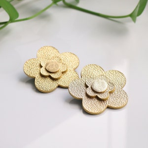 Large gold flower leather stud earrings Statement earrings Sustainable jewelry Gift for her Hypoallergenic image 1