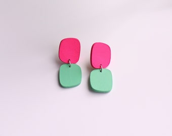 Hot Pink Mint Green leather earrings | Abstract earrings | Colorful earrings | Hypoallergenic