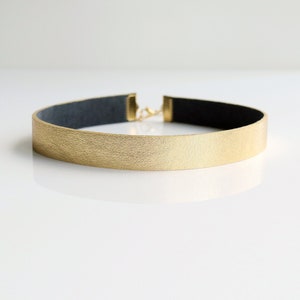 Gold genuine leather choker necklace | 15mm wide flat gold collar | Adjustable thick gold choker | Made to size | Stainless steel clasp