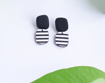 Black and white abstract leather earrings | Stripe earrings | Mid-Century style | Fun earrings | Urban-chic fashion | Hypoallergenic