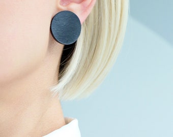 Black leather disc stud earrings | Minimalist black circle earrings | Repurposed veg-tan leather | Hypoallergenic