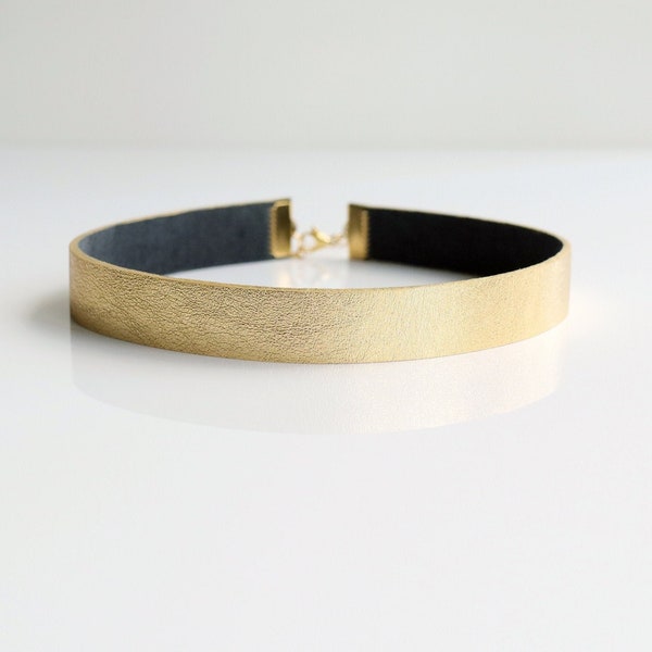 Gold genuine leather choker necklace | 15mm wide flat gold collar | Adjustable made to size | Stainless steel clasp