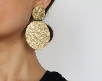 Large gold leather double circle earrings | Gold statement earrings | African earrings | Minimal geometric earrings | Hypoallergenic