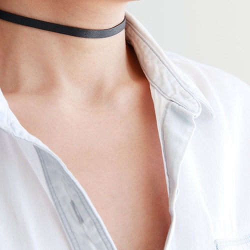 Black Thin Leather Choker Necklace 6mm 